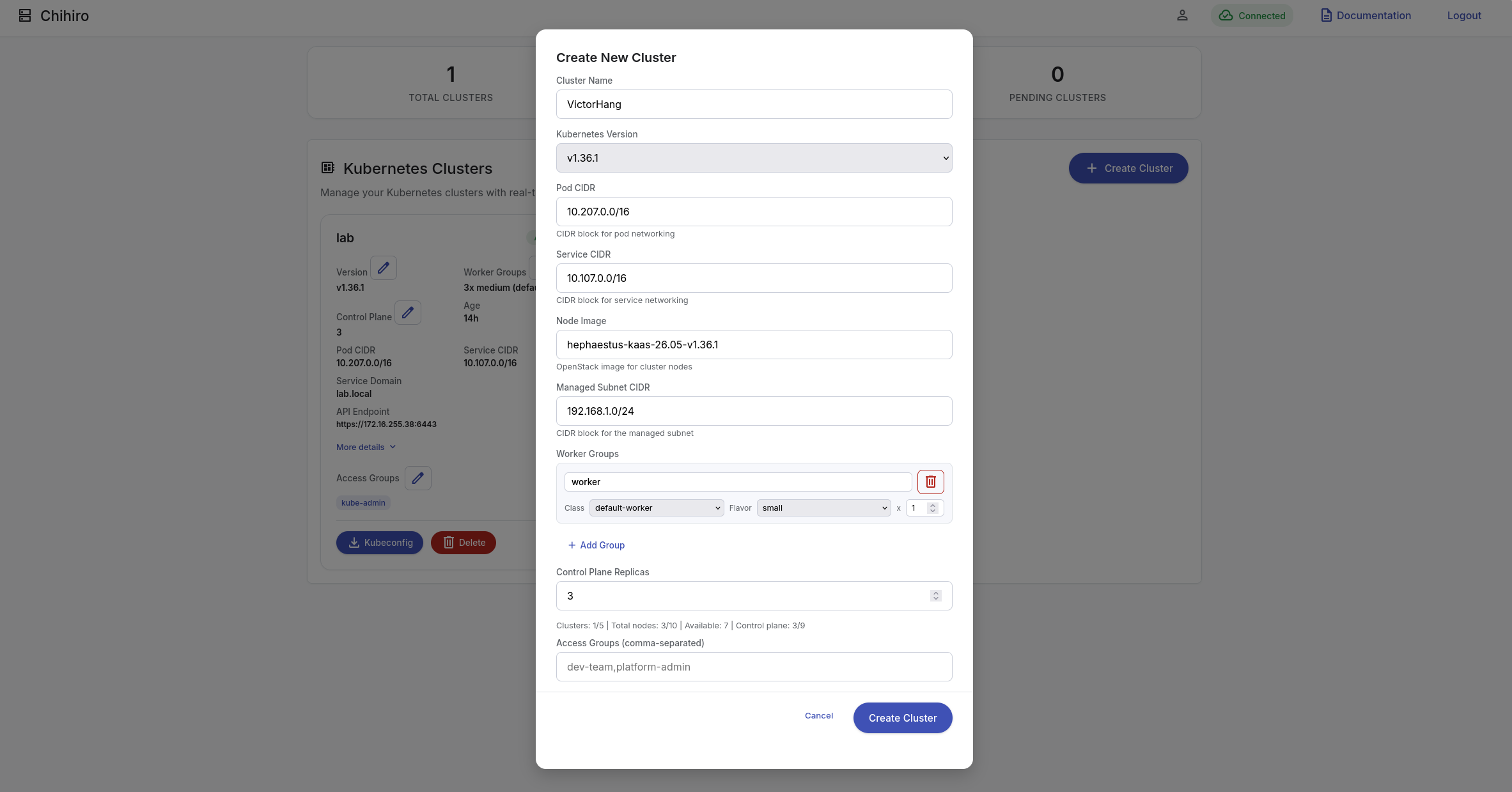 Chihiro UI — Create New Cluster